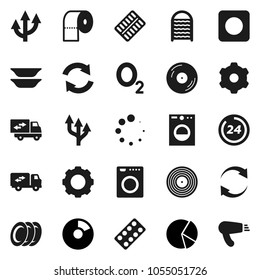 Flat vector icon set - washboard vector, toilet paper, plates, pie graph, oxygen, disk, rec button, pills blister, gear, refresh, loading, route arrow, relocation truck, 24 hour, washer, hair dryer