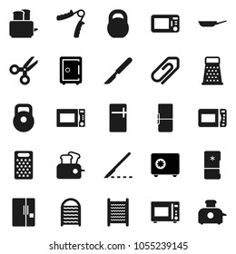 Flat vector icon set - washboard vector, pan, grater, toaster, microwave oven, scissors, safe, weight, hand trainer, scalpel, attachment, fridge