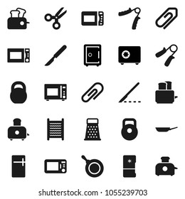 Flat vector icon set - washboard vector, pan, grater, toaster, microwave oven, scissors, safe, weight, hand trainer, scalpel, attachment, fridge