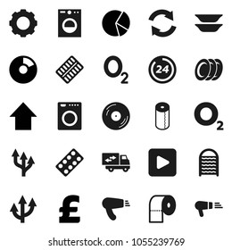 Flat vector icon set - washboard vector, toilet paper, plates, pie graph, arrow up, pound, oxygen, disk, play button, pills blister, gear, refresh, route, relocation truck, 24 hour, washer