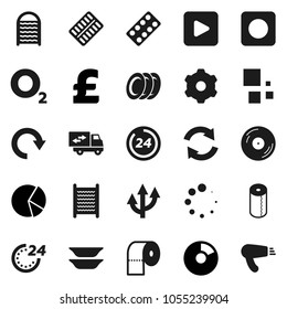 Flat vector icon set - washboard vector, toilet paper, plates, pie graph, pound, oxygen, disk, play button, rec, pills blister, gear, refresh, redo, loading, route arrow, relocation truck, 24 hour