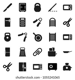 Flat vector icon set - washboard vector, pan, grater, toaster, microwave oven, scissors, safe, weight, hand trainer, scalpel, attachment, fridge