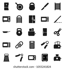 Flat vector icon set - washboard vector, pan, grater, toaster, microwave oven, scissors, safe, weight, hand trainer, scalpel, attachment, fridge