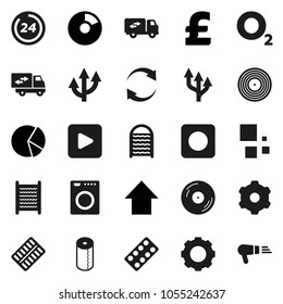 Flat vector icon set - washboard vector, toilet paper, pie graph, arrow up, pound, oxygen, disk, play button, rec, pills blister, gear, refresh, loading, route, relocation truck, 24 hour, washer