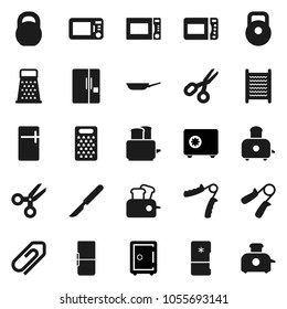 Flat vector icon set - washboard vector, pan, grater, toaster, microwave oven, scissors, safe, weight, hand trainer, scalpel, attachment, fridge