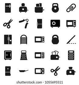 Flat vector icon set - washboard vector, pan, grater, toaster, microwave oven, scissors, safe, weight, hand trainer, scalpel, attachment, fridge