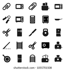 Flat vector icon set - washboard vector, pan, grater, toaster, microwave oven, scissors, safe, weight, hand trainer, scalpel, attachment, fridge