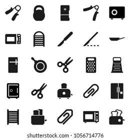 Flat vector icon set - washboard vector, pan, grater, toaster, microwave oven, scissors, safe, weight, hand trainer, scalpel, attachment, fridge