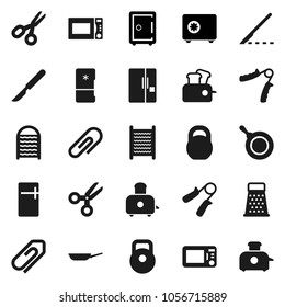 Flat vector icon set - washboard vector, pan, grater, toaster, microwave oven, scissors, safe, weight, hand trainer, scalpel, attachment, fridge