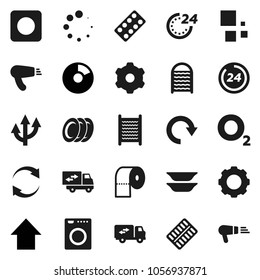 Flat vector icon set - washboard vector, toilet paper, plates, pie graph, arrow up, oxygen, rec button, pills blister, gear, refresh, redo, loading, route, relocation truck, 24 hour, washer