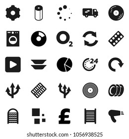 Flat vector icon set - washboard vector, toilet paper, plates, pie graph, pound, oxygen, disk, play button, pills blister, gear, refresh, redo, loading, route arrow, relocation truck, 24 hour