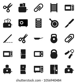 Flat vector icon set - washboard vector, pan, grater, toaster, microwave oven, scissors, safe, weight, hand trainer, scalpel, attachment, fridge