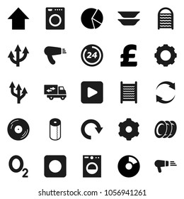 Flat vector icon set - washboard vector, toilet paper, plates, pie graph, arrow up, pound, oxygen, disk, play button, rec, gear, refresh, redo, route, relocation truck, 24 hour, washer, hair dryer