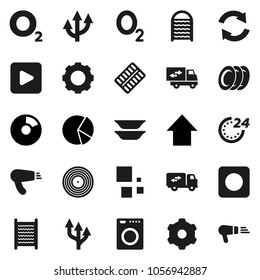 Flat vector icon set - washboard vector, plates, pie graph, arrow up, oxygen, disk, play button, rec, pills blister, gear, refresh, loading, route, relocation truck, 24 hour, washer, hair dryer