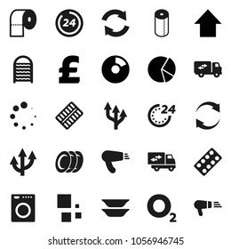 Flat vector icon set - washboard vector, toilet paper, plates, pie graph, arrow up, pound, oxygen, pills blister, refresh, loading, route, relocation truck, 24 hour, washer, hair dryer