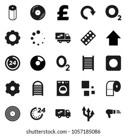 Flat vector icon set - washboard vector, toilet paper, pie graph, arrow up, pound, oxygen, disk, rec button, pills blister, gear, redo, loading, route, relocation truck, 24 hour, washer, hair dryer