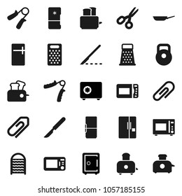 Flat vector icon set - washboard vector, pan, grater, toaster, microwave oven, scissors, safe, weight, hand trainer, scalpel, attachment, fridge