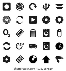 Flat vector icon set - washboard vector, toilet paper, plates, pie graph, arrow up, oxygen, disk, play button, rec, pills blister, gear, refresh, redo, route, relocation truck, 24 hour, washer