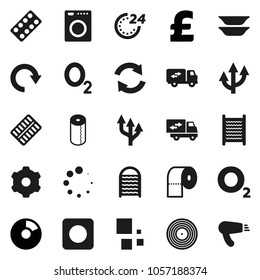 Flat vector icon set - washboard vector, toilet paper, plates, pie graph, pound, oxygen, disk, rec button, pills blister, gear, refresh, redo, loading, route arrow, relocation truck, 24 hour, washer
