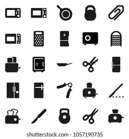 Flat vector icon set - washboard vector, pan, grater, toaster, microwave oven, scissors, safe, weight, hand trainer, scalpel, attachment, fridge