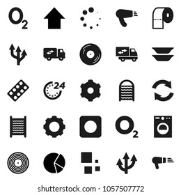 Flat vector icon set - washboard vector, toilet paper, plates, pie graph, arrow up, oxygen, disk, rec button, pills blister, gear, refresh, loading, route, relocation truck, 24 hour, washer