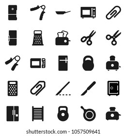 Flat vector icon set - washboard vector, pan, grater, toaster, microwave oven, scissors, safe, weight, hand trainer, scalpel, attachment, fridge