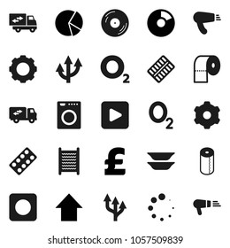 Flat vector icon set - washboard vector, toilet paper, plates, pie graph, arrow up, pound, oxygen, disk, play button, rec, pills blister, gear, loading, route, relocation truck, washer, hair dryer