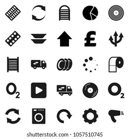 Flat vector icon set - washboard vector, toilet paper, plates, pie graph, arrow up, pound, oxygen, disk, play button, pills blister, gear, refresh, redo, loading, route, relocation truck, washer