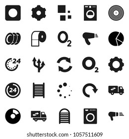 Flat vector icon set - washboard vector, toilet paper, plates, pie graph, oxygen, disk, rec button, gear, refresh, redo, loading, route arrow, relocation truck, 24 hour, washer, hair dryer