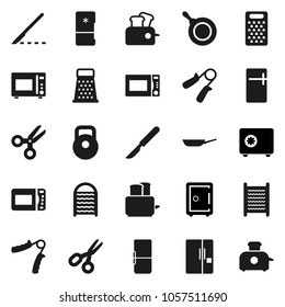 Flat vector icon set - washboard vector, pan, grater, toaster, microwave oven, scissors, safe, weight, hand trainer, scalpel, fridge