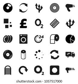 Flat vector icon set - washboard vector, toilet paper, plates, pie graph, pound, oxygen, disk, rec button, pills blister, refresh, redo, loading, route arrow, relocation truck, 24 hour, washer
