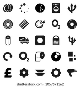Flat vector icon set - washboard vector, toilet paper, plates, pie graph, pound, oxygen, disk, rec button, pills blister, gear, redo, loading, route arrow, relocation truck, 24 hour, washer