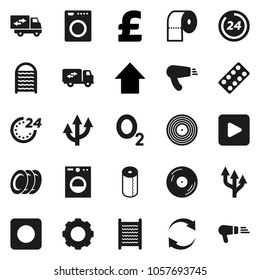 Flat vector icon set - washboard vector, toilet paper, plates, arrow up, pound, oxygen, disk, play button, rec, pills blister, gear, refresh, route, relocation truck, 24 hour, washer, hair dryer