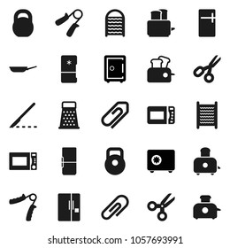 Flat vector icon set - washboard vector, pan, grater, toaster, microwave oven, scissors, safe, weight, hand trainer, scalpel, attachment, fridge