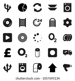 Flat vector icon set - washboard vector, toilet paper, plates, pie graph, arrow up, pound, oxygen, disk, play button, rec, gear, refresh, loading, route, relocation truck, 24 hour, washer