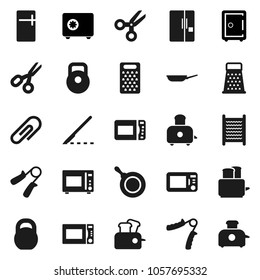Flat vector icon set - washboard vector, pan, grater, toaster, microwave oven, scissors, safe, weight, hand trainer, scalpel, attachment, fridge