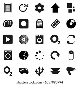 Flat vector icon set - washboard vector, toilet paper, plates, pie graph, arrow up, oxygen, disk, play button, rec, pills blister, gear, refresh, redo, loading, route, relocation truck, 24 hour