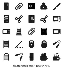 Flat vector icon set - washboard vector, grater, toaster, microwave oven, scissors, safe, weight, hand trainer, scalpel, attachment, fridge