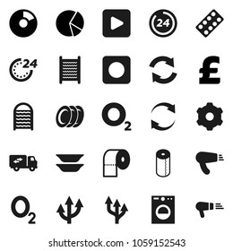 Flat vector icon set - washboard vector, toilet paper, plates, pie graph, pound, oxygen, play button, rec, pills blister, gear, refresh, route arrow, relocation truck, 24 hour, washer, hair dryer