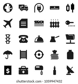 Flat vector icon set - washboard vector, turk coffee, cookbook, dish, jar, oil, world, document, japanese candle, receipt, breads, plane, traffic light, phone, umbrella, doctor bag, network folder