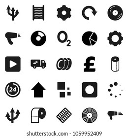 Flat vector icon set - washboard vector, toilet paper, plates, pie graph, arrow up, pound, oxygen, disk, play button, rec, pills blister, gear, redo, loading, route, relocation truck, 24 hour
