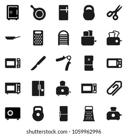 Flat vector icon set - washboard vector, pan, grater, toaster, microwave oven, scissors, safe, weight, hand trainer, scalpel, attachment, fridge