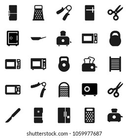 Flat vector icon set - washboard vector, pan, grater, toaster, microwave oven, scissors, safe, weight, hand trainer, scalpel, fridge