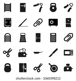 Flat vector icon set - washboard vector, pan, grater, microwave oven, scissors, safe, weight, hand trainer, scalpel, attachment, fridge, toaster