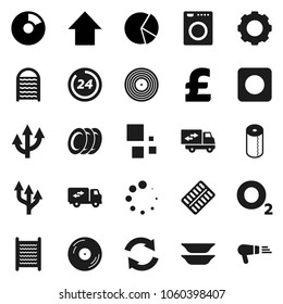 Flat vector icon set - washboard vector, toilet paper, plates, pie graph, arrow up, pound, oxygen, disk, rec button, pills blister, gear, refresh, loading, route, relocation truck, 24 hour, washer