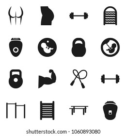 Flat vector icon set - washboard vector, barbell, weight, jump rope, horizontal bar, muscule hand, buttocks, pregnancy, epilator