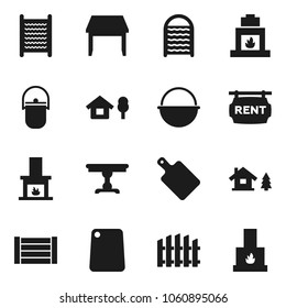 Flat vector icon set - washboard vector, camping cauldron, cutting board, wood box, chalet, fence, rent signboard, table, fireplace