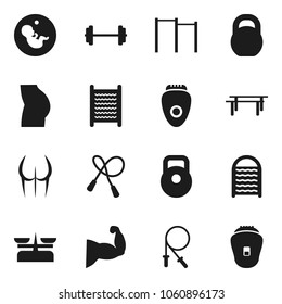 Flat vector icon set - washboard vector, barbell, weight, jump rope, horizontal bar, muscule hand, buttocks, pregnancy, store scales, epilator