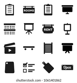 Flat vector icon set - washboard vector, cutting board, presentation, exam, clipboard, skateboard, cinema clap, rent signboard, rooms, open
