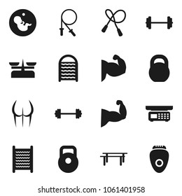 Flat vector icon set - washboard vector, barbell, weight, jump rope, horizontal bar, muscule hand, buttocks, pregnancy, store scales, epilator